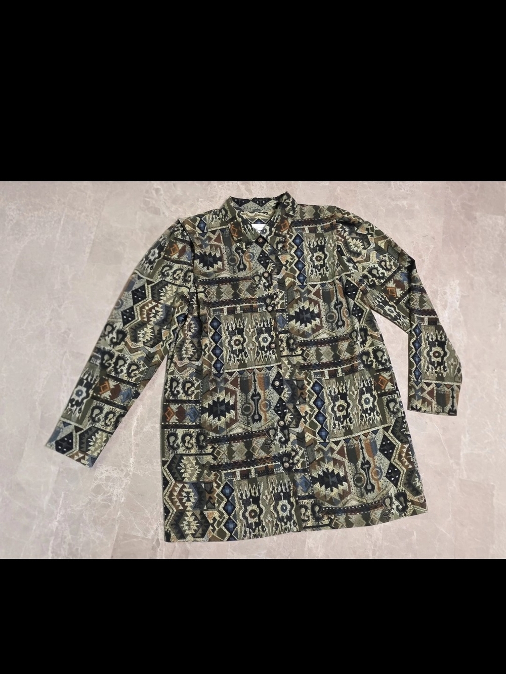 Button-Down Aztec Print Tunic Shirt - Olive & Navy